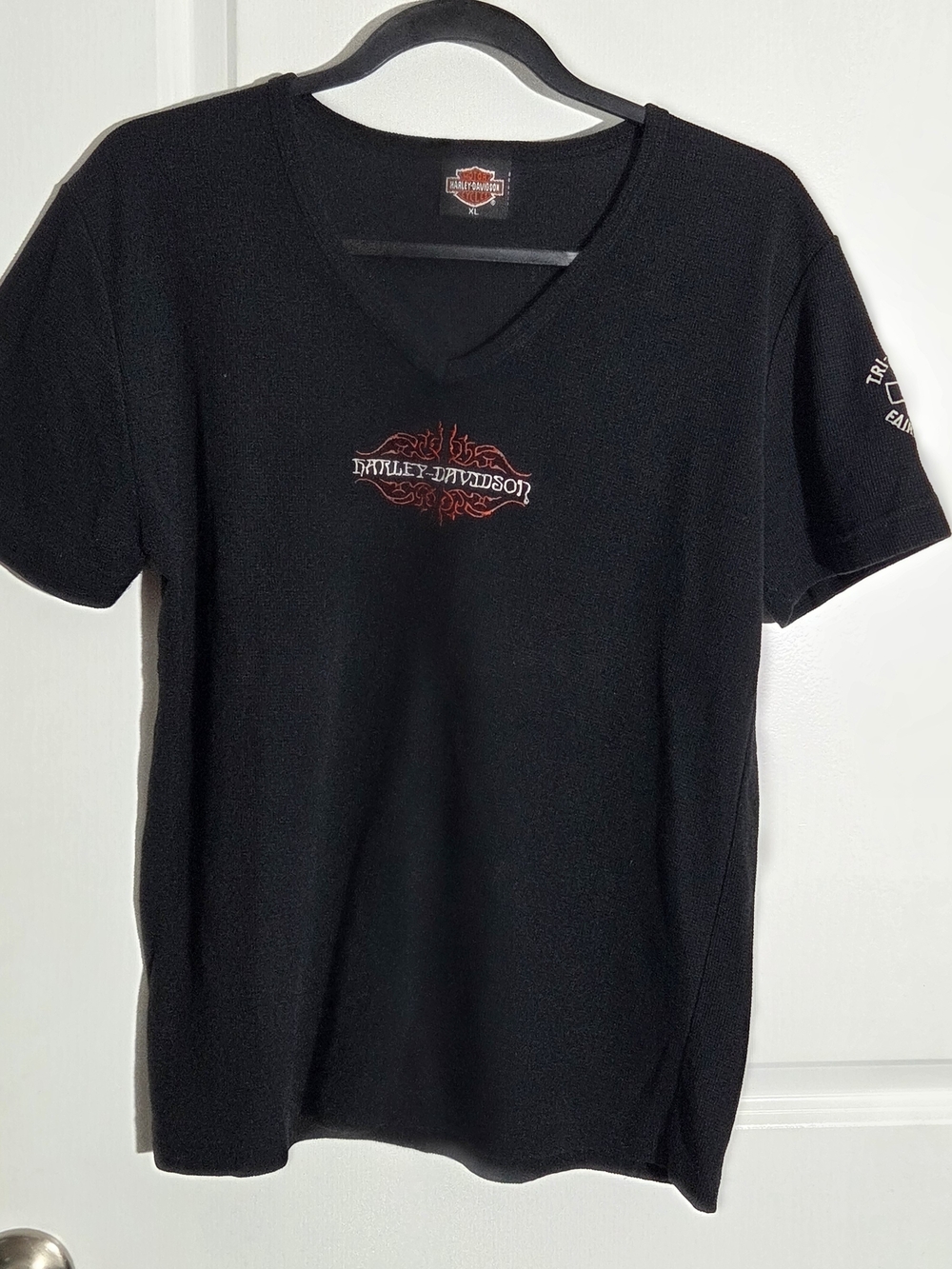 Harley Davidson T-Shirt Women XL Black Waffle V-Neck Embroidered